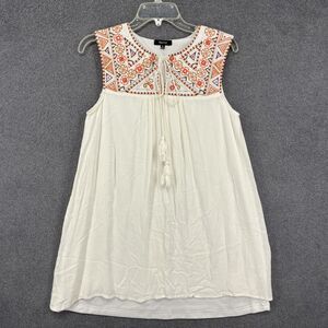 Verty Dress Womens Large White Sleeveless Boho Embroidered Tassel Peasant Tunic